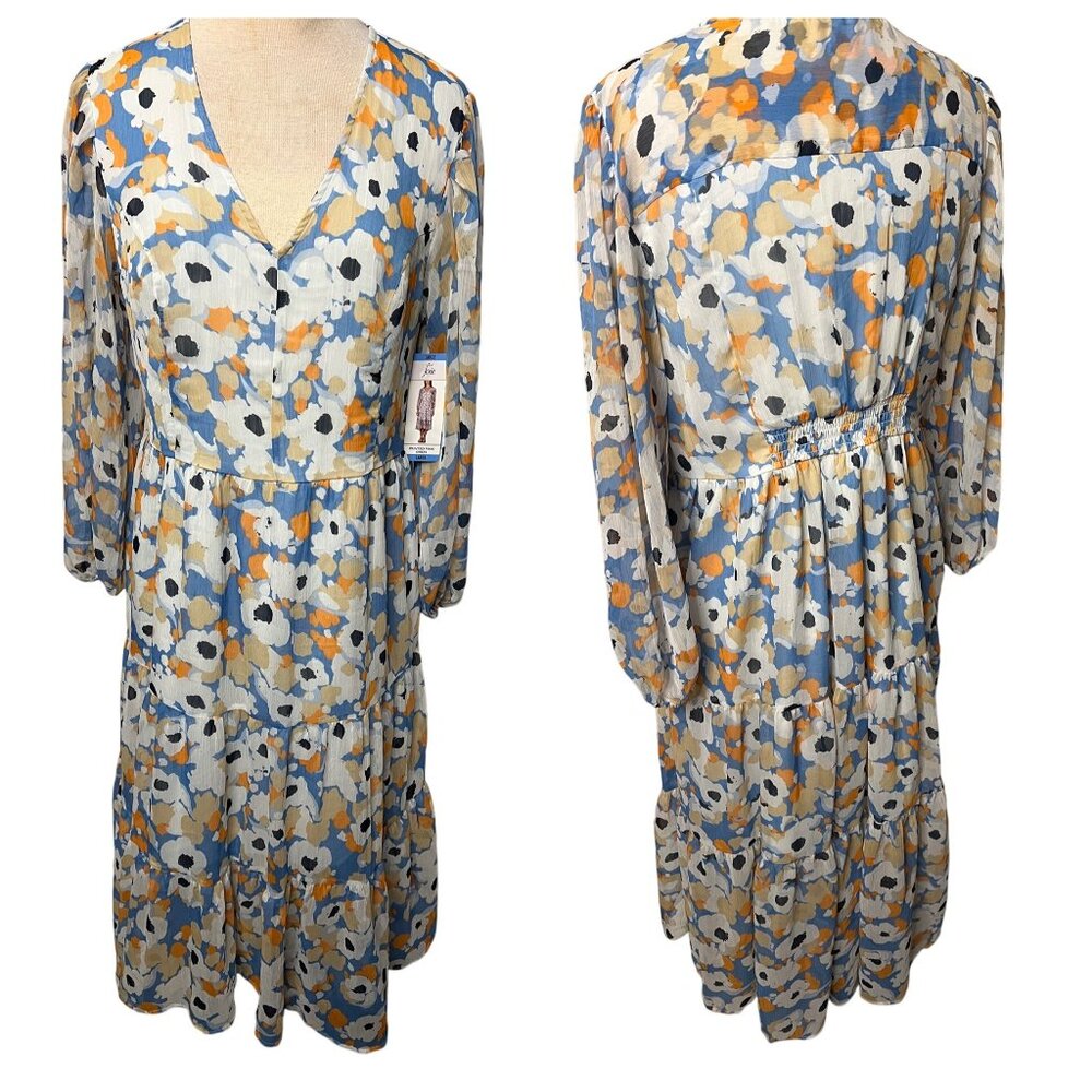 NWT Joie Floral Fields Midi Dress Blue Orange L Fairy Timeless Tiered